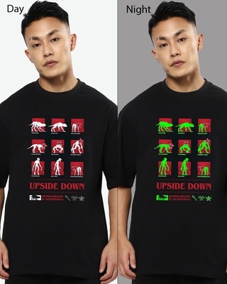 Shop Men's Black Demogorgon & Demodog Stranger Things Graphic Printed Oversized T-shirt-Front