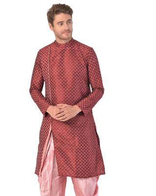 Shop DEYANN Dupion Silk Maroon Knee Length Full Sleeve Regular Fit Printed Ethnic Wear for Men-Front