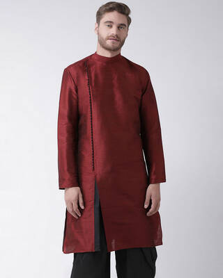 Shop DEYANN Dupion Silk Maroon Knee Length Full Sleeve Regular Fit Solid Ethnic Wear for Men-Front