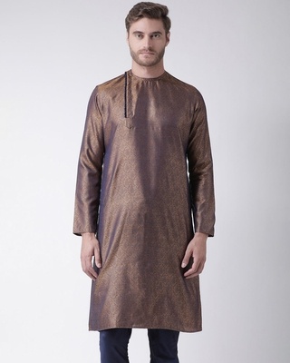 Shop DEYANN Silk Blend Knee Length Brown Color Full Sleeve Regular Fit Straight Kurta for Men-Front