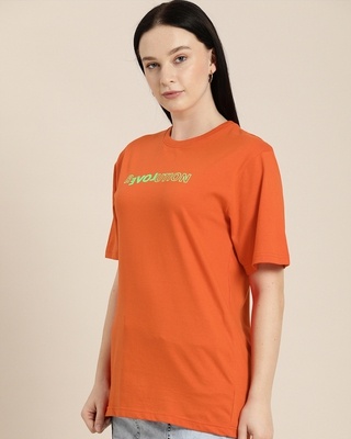 Shop Women's Orange Typography Oversized T-shirt-Front
