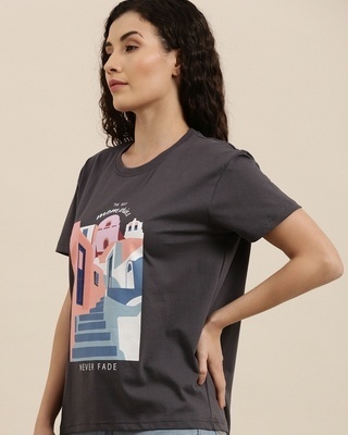 Shop Women's Grey Graphic Print Boxy Fit T-shirt-Front