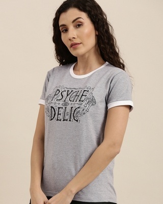 Shop Difference of Opinion Women's Grey Melange Typography Slim Fit  T-Shirt-Front