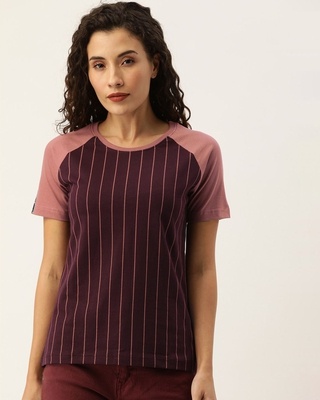 Shop Women's Maroon Striped T-shirt-Front