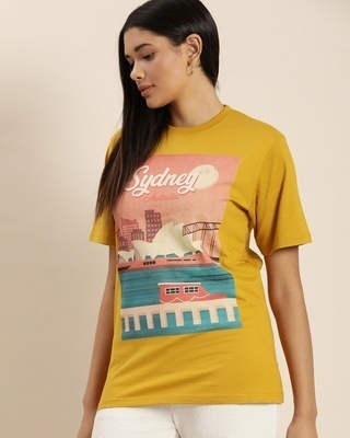 Shop Dillinger Women's Mustard Graphic Oversized Fit T-shirt-Front