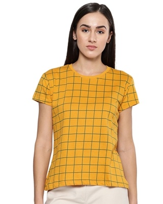 Shop Women's Yellow Checkered T-shirt-Front