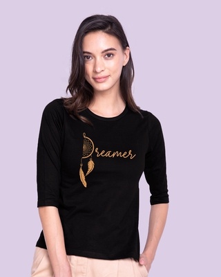 Shop Dreamer Feathers Round Neck 3/4 Sleeve T-Shirts Black-Front