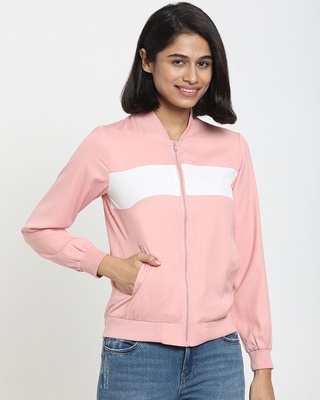 Shop Dusty Pink Fashion Color Block Bomber Jacket-Front