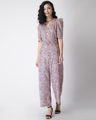 Shop FabAlley Pink Leopard Print Puff Sleeve Belted Jumpsuit-Front