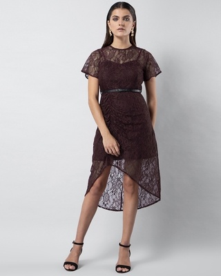 Shop FabAlley Wine Lace Ruched Midi Dress with Leather Belt-Front