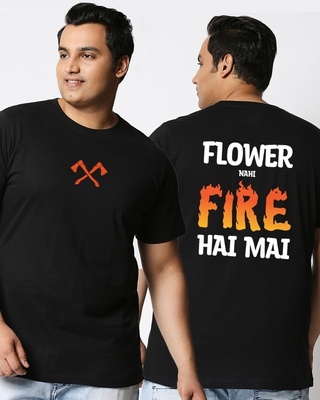 Shop Men's Black Flower Nahi Fire Hai Mai Back Printed Plus Size Relaxed Fit T-shirt-Front