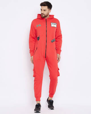 Shop Fugazee Men's Red Hooded Racer Onesie Slim Fit Jumpsuit-Front
