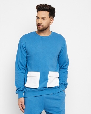 Shop Men's Petrol Blue Oversized Contrast Pocket Sweatshirt-Front