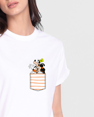 Shop Women's White Goofy Mickey Pocket Graphic Printed Boyfriend T-shirt-Front