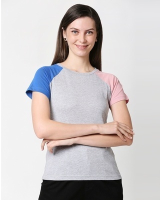 Shop Grey Melange Color Block Raglan T-Shirt-Front