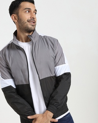 Shop Grey Color Block Windcheater Jacket-Front