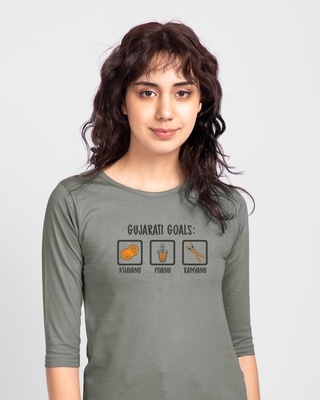 Shop Gujarati Goals Round Neck 3/4 Sleeve T-Shirt Meteor Grey-Front