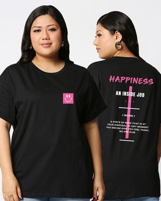 Shop Women's Black Happiness Typography Plus Size Boyfriend T-shirt-Front