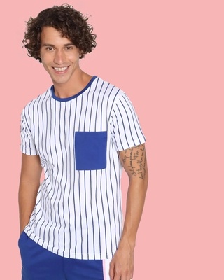 Shop Hashtag Blue Stripe Pocket T-Shirt-Front