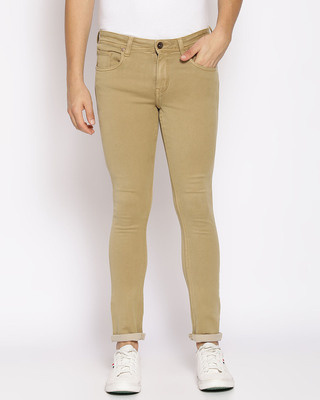 Shop Men's Khaki Color Washed Slim Fit Mid Rise Clen Look No Faded Jeans-Front