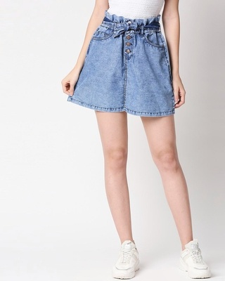 Shop Women's Blue Washed Denim A-Line Mini Skirt-Front