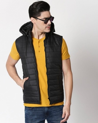Shop Jet Black Plain Sleeveless Puffer Jacket with Detachable Hood-Front