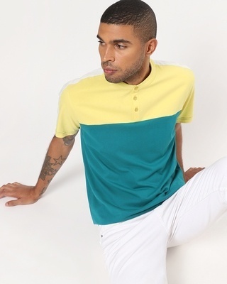 Shop Men's Yellow and Blue Color Block Henley T-shirt-Front
