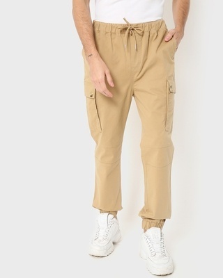 Shop Khaki Elastic Waistband Cargo Pants-Front