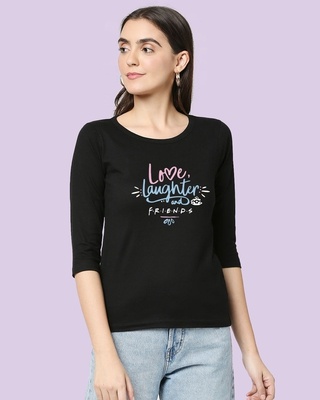 Shop Love Friends Round Neck 3/4 Sleeve T-Shirt Black-Front