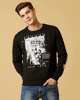 Shop Men's Black Graphic Print Brushed Regular Fit Sweatshirt-Front