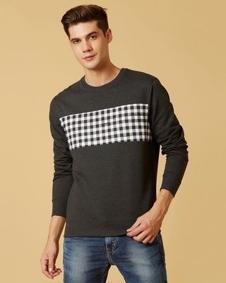 Shop Men's Grey Check Panelled Regular Fit Sweatshirt-Front