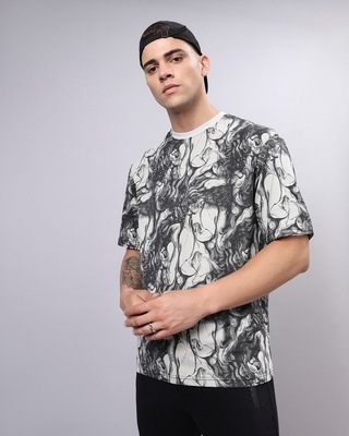 Shop Men's White & Black All Over Printed Oversized T-shirt-Front