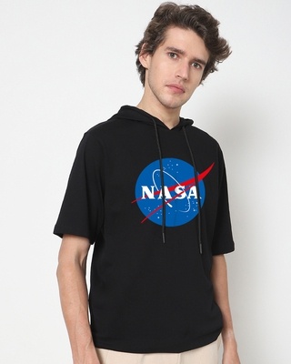Shop Men's Black NASA Printed Oversized Hoodie T-shirt-Front
