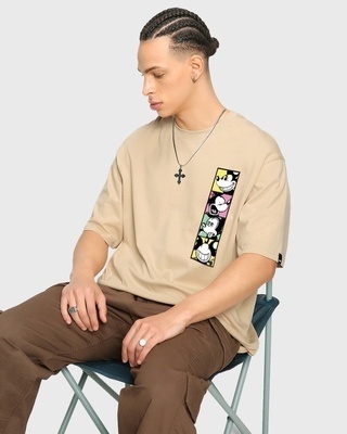 Shop Men's Brown Mickey faces Graphic Printed Oversized T-shirt-Front