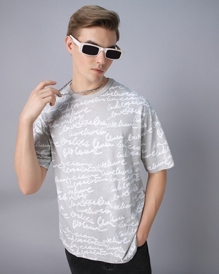 Shop Men's Grey All Over Printed Oversized T-shirt-Front
