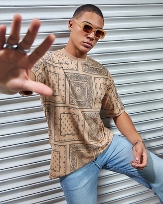 Shop Men's Brown & Black All Over Printed Oversized T-shirt-Front