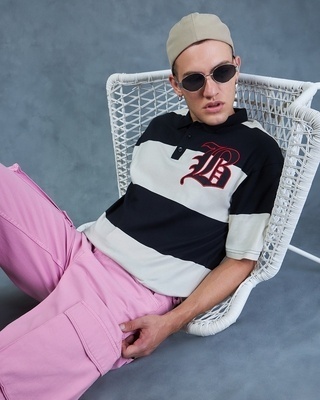 Shop Men's White & Black B Bold Striped Oversized Polo T-shirt-Front