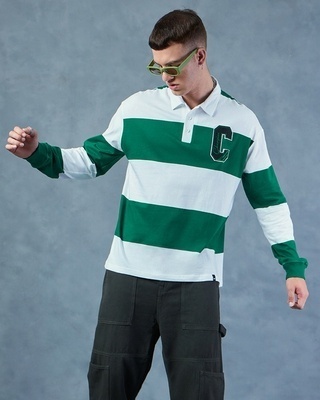 Shop Men's Green & White Champion Striped Oversized Polo T-shirt-Front