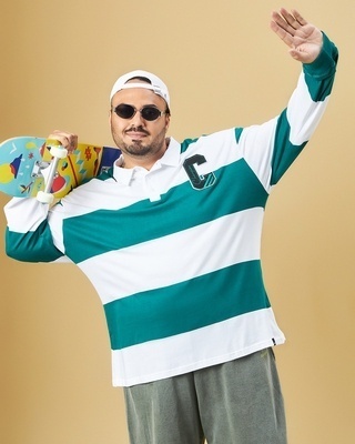Shop Men's Green & White Champion Striped Oversized Plus Size Polo T-shirt-Front
