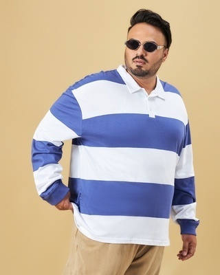 Shop Men's White & Blue Striped Oversized Plus Size Polo T-shirt-Front