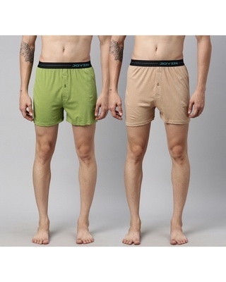 Shop Men's Beige & Green Cotton Boxers (Pack of 2)-Front