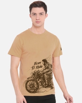Shop Men's Beige "RRR Born to Ride" Cotton T-shirt-Front