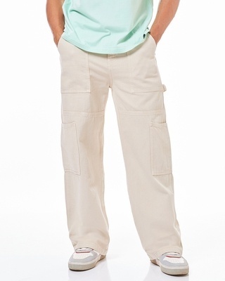 Shop Men's Beige Straight Fit Cargo Carpenter Jeans-Front
