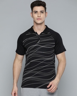 Shop Men's Black Abstract Printed Slim Fit Polo T-shirt-Front