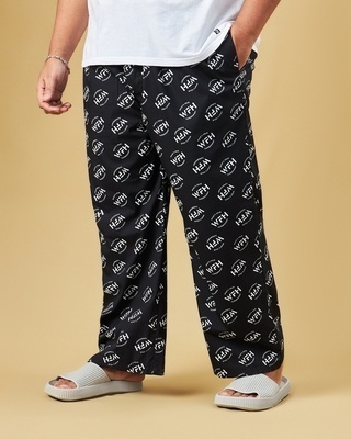 Shop Men's Black All Over Printed Oversized Plus Size Pyjamas-Front