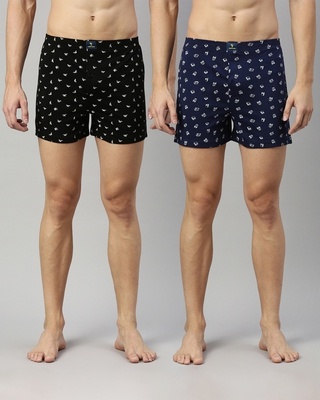 Shop Men's Black & Blue All Over Printed Cotton Boxers (Pack of 2)-Front