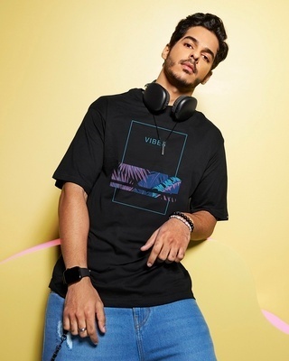Shop Men's Black Blue Vibes Graphic Printed Oversized T-shirt-Front
