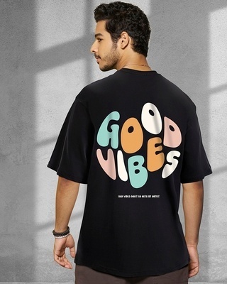 Shop Men's Black Good Vibes Typography Oversized T-shirt-Front