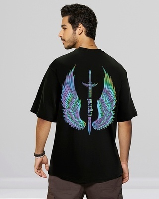 Shop Men's Black Guardian Wings Graphic Printed Oversized T-shirt-Front
