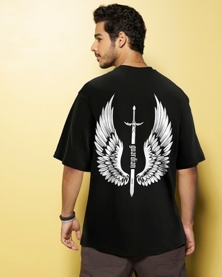 Shop Men's Black Guardian Wings Graphic Printed Oversized T-shirt-Front